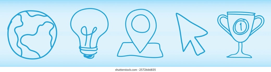 Blue line icons: globe, light bulb, map pin, cursor, trophy. Simple, blue line art. Globe, bulb, pin, cursor, trophy icons. Minimalist blue design. Hand drawn business elements, vector set.