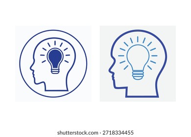 blue line icons of human head with light bulb inside idea and inspiration concept