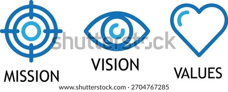 Blue line icons illustrating core business strategy elements mission with a target, vision with an eye, and values with a heart shape, isolated on transparent background