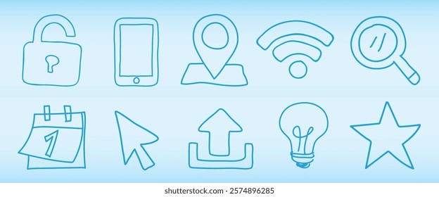 Blue line icons: lock, smartphone, location, Wi-Fi, magnifying glass, calendar, cursor, upload, light bulb, star. Simple blue icons for tech and navigation. Hand drawn business elements, vector set.