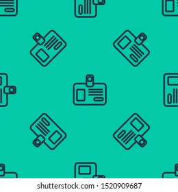 Blue line Identification badge icon isolated seamless pattern on green background. It can be used for presentation, identity of the company, advertising.  Vector Illustration