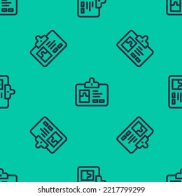 Blue line Identification badge icon isolated seamless pattern on green background. It can be used for presentation, identity of the company, advertising.  Vector