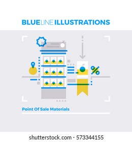 Blue line illustration concept of advertisement pos materials, point of sales vending machine. Premium quality flat line image. Detailed line icon graphic elements with overlay and multiply color form