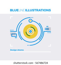 Blue line illustration concept of atomic design and particles collision moment. Premium quality flat line image. Detailed line icon graphic elements with overlay and multiply color forms. 