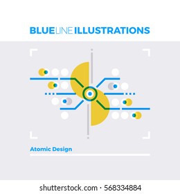 Blue line illustration concept of atomic design system and crafting effective web components. Premium quality flat line image. Detailed line icon graphic elements with overlay and multiply color forms