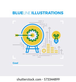 Blue line illustration concept of business and personal goals reaching, target archery. Premium quality flat line image. Detailed line icon graphic elements with overlay and multiply color forms.