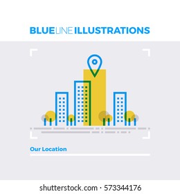 Blue line illustration concept of cityscape view, company location pointer, business center. Premium quality flat line image. Detailed line icon graphic elements with overlay and multiply color forms.