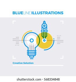 Blue line illustration concept of creative solution idea and web design inspiration. Premium quality flat line image. Detailed line icon graphic elements with overlay and multiply color forms. 