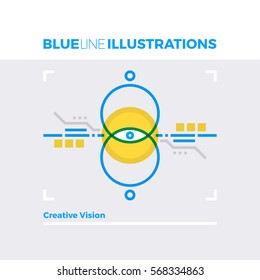 Blue line illustration concept of creative vision, design methods and creative experience. Premium quality flat line image. Detailed line icon graphic elements with overlay and multiply color forms. 