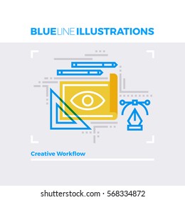 Blue line illustration concept of creative workflow, designer tools and art sketching. Premium quality flat line image. Detailed line icon graphic elements with overlay and multiply color forms. 