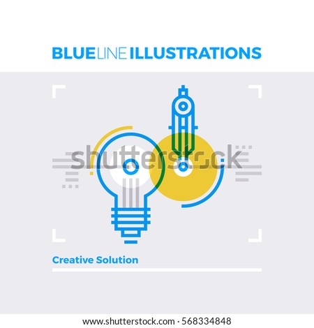Blue line illustration concept of creative solution idea and web design inspiration. Premium quality flat line image. Detailed line icon graphic elements with overlay and multiply color forms. 