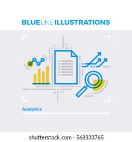 Blue line illustration concept of data analytics report and statistical document. Premium quality flat line image. Detailed line icon graphic elements with overlay and multiply color forms. 