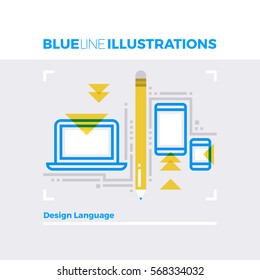 Blue line illustration concept of design language for mobile platforms, content optimization. Premium quality flat line image. Detailed line icon graphic elements with overlay and multiply color forms