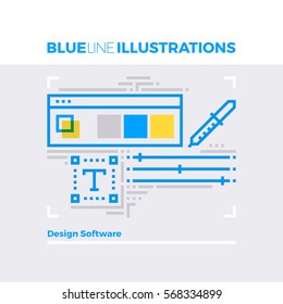 Blue line illustration concept of designer software interface with toolbar palette pipette. Premium quality flat line image. Detailed line icon graphic elements with overlay and multiply color forms. 