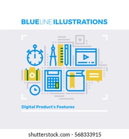 Blue Line Illustration Concept Of Digital Product Features And Content Management. Premium Quality Flat Line Image. Detailed Line Icon Graphic Elements With Overlay And Multiply Color Forms. 
