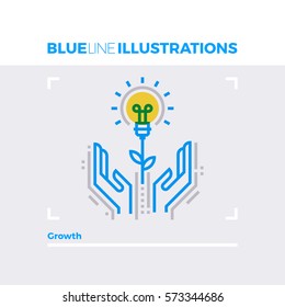 Blue line illustration concept of growing plants and ideas, new business rising. Premium quality flat line image. Detailed line icon graphic elements with overlay and multiply color forms.