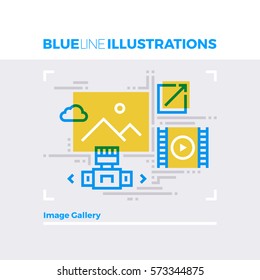 Ilustración en línea azul concepto de galería de imágenes y carpeta de contenido multimedia web. Imagen de línea plana de calidad superior. Icono de línea detallada elementos gráficos con formas de superposición y multiplicidad de colores.