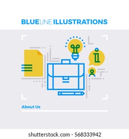 Blue line illustration concept of information about, business education and portfolio. Premium quality flat line image. Detailed line icon graphic elements with overlay and multiply color forms. 