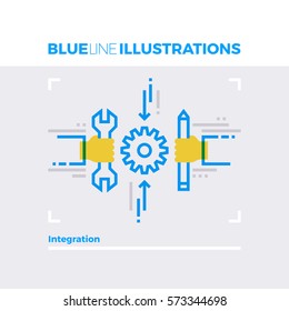 Blue line illustration concept of integration process, controls adjustment and options. Premium quality flat line image. Detailed line icon graphic elements with overlay and multiply color forms.