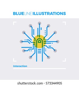 Blue line illustration concept of interaction design, fingerprint scanning and access. Premium quality flat line image. Detailed line icon graphic elements with overlay and multiply color forms.