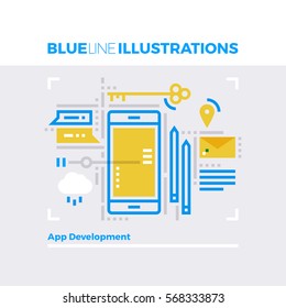 Blue line illustration concept of mobile platform communication and application development. Premium quality flat line image. Detailed line icon graphic elements with overlay and multiply color forms.