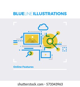 Blue line illustration concept of online features, multimedia files and content management. Premium quality flat line image. Detailed line icon graphic elements with overlay and multiply color forms.