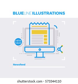 Blue line illustration concept of online newsfeed, sharing information and digital media. Premium quality flat line image. Detailed line icon graphic elements with overlay and multiply color forms.