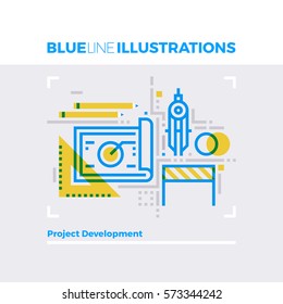 Blue line illustration concept of project development and engineering instruments. Premium quality flat line image. Detailed line icon graphic elements with overlay and multiply color forms.