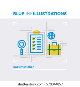 Blue line illustration concept of project implementation and management approach. Premium quality flat line image. Detailed line icon graphic elements with overlay and multiply color forms.