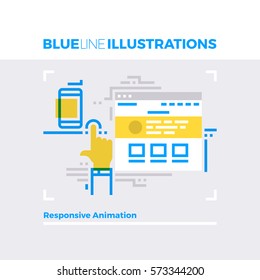 Blue line illustration concept of responsive animation, web advertising, website interaction. Premium quality flat line image. Detailed line icon graphic elements with overlay and multiply color forms
