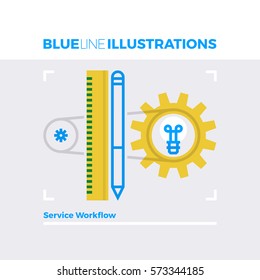 Blue line illustration concept of service workflow, customization process and mechanisms. Premium quality flat line image. Detailed line icon graphic elements with overlay and multiply color forms.