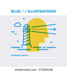 Blue line illustration concept of strategic vision, lighthouse and sea landscape. Premium quality flat line image. Detailed line icon graphic elements with overlay and multiply color forms.