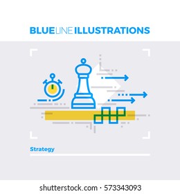 Blue line illustration concept of strategy planning and prediction tactics method to action. Premium quality flat line image. Detailed line icon graphic elements with overlay and multiply color forms.