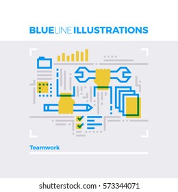 Blue line illustration concept of teamwork process, working together on a project. Premium quality flat line image. Detailed line icon graphic elements with overlay and multiply color forms.