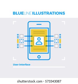 Blue line illustration concept of user interface development and profile menu information. Premium quality flat line image. Detailed line icon graphic elements with overlay and multiply color forms.