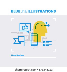 Blue Line Illustration Konzept der Benutzerüberprüfung, Kundenverbindung und Vernetzung. Hochwertiges Flachbild. Detaillierte Zeilensymbole mit Overlay-Elementen und mehrfarbigen Formularen.