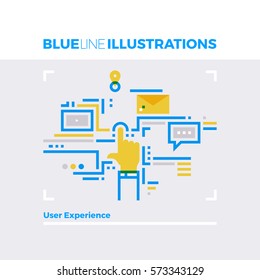 Blue line illustration concept of user experience development and usability expectation. Premium quality flat line image. Detailed line icon graphic elements with overlay and multiply color forms.