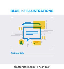 Blue Line Illustration Concept Of User Testimonials, Feedback Form And Text Message. Premium Quality Flat Line Image. Detailed Line Icon Graphic Elements With Overlay And Multiply Color Forms.