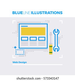 Blue line illustration concept of web design tools, website support and configuration. Premium quality flat line image. Detailed line icon graphic elements with overlay and multiply color forms.