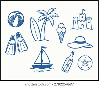 Blue line illustration of summer beach icons including surfboards palm tree sandcastle sailboat ice cream cone sun hat swim fins bottle with message and sand dollar