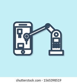 Blue line Industrial machine robotic robot arm hand on mobile phone factory icon isolated on blue background. Industrial robot manipulator.  Vector Illustration