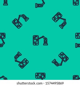 Blue line Industrial machine robotic robot arm hand on mobile phone factory icon isolated seamless pattern on green background. Industrial robot manipulator.  Vector Illustration