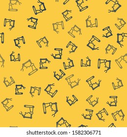 Blue line Industrial machine robotic robot arm hand factory icon isolated seamless pattern on yellow background. Industrial robot manipulator.  Vector Illustration