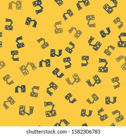 Blue line Industrial machine robotic robot arm hand on mobile phone factory icon isolated seamless pattern on yellow background. Industrial robot manipulator.  Vector Illustration