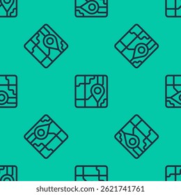 Blue line Infographic of city map navigation icon isolated seamless pattern on green background. Mobile App Interface concept design. Geolacation concept.  Vector