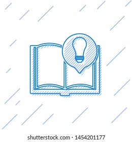 Blue line Interesting facts icon isolated on white background. Book or article and light bulb.  Vector Illustration