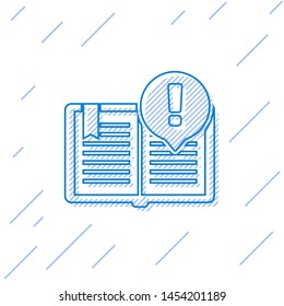 Blue line Interesting facts icon isolated on white background. Book or article sign. Exclamation mark sign.  Vector Illustration