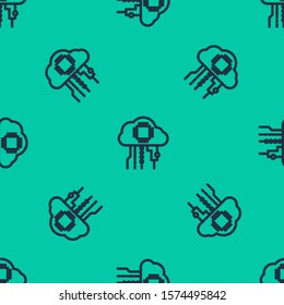 Blue line Internet of things icon isolated seamless pattern on green background. Cloud computing design concept. Digital network connection.  Vector Illustration