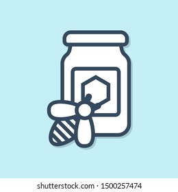 Blue line Jar of honey with bee icon isolated on blue background. Sweet natural food in bank. Honeybee or apis with wings symbol. Flying insect.  Vector Illustration