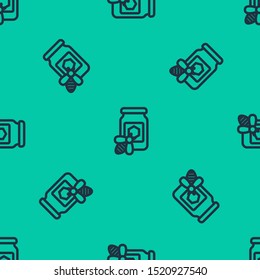 Blue line Jar of honey with bee icon isolated seamless pattern on green background. Sweet natural food in bank. Honeybee or apis with wings symbol. Flying insect.  Vector Illustration